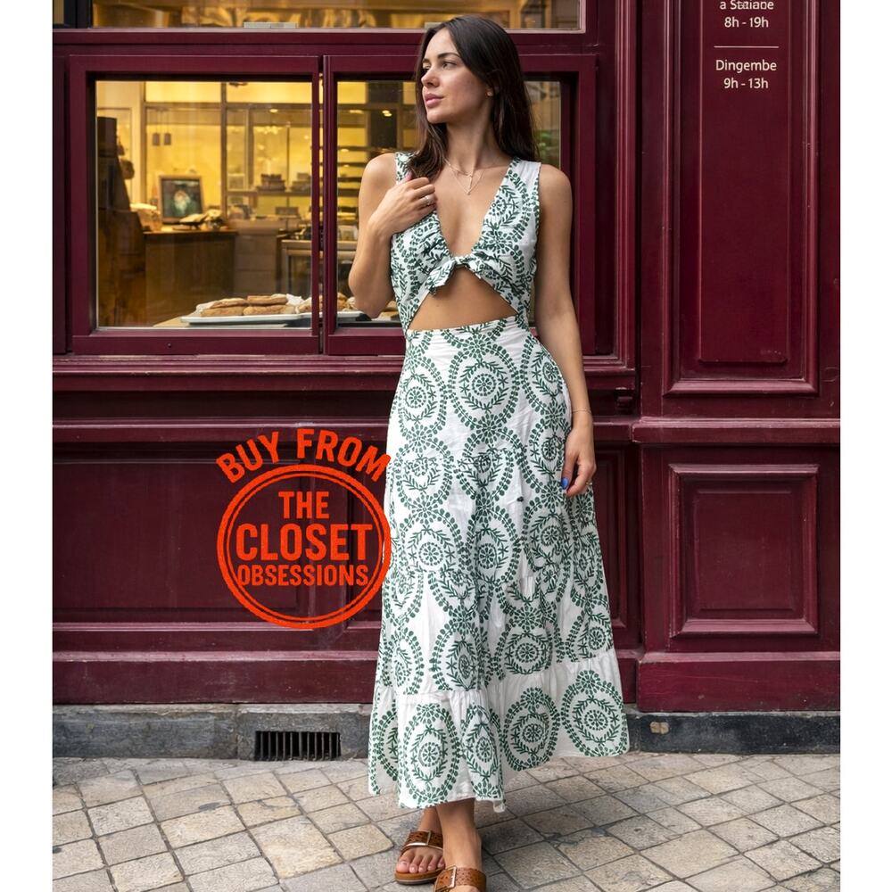 Zara NWT Green White Front Knot Cutout Midi Dress Resort Vacation M L - Picture 7 of 16